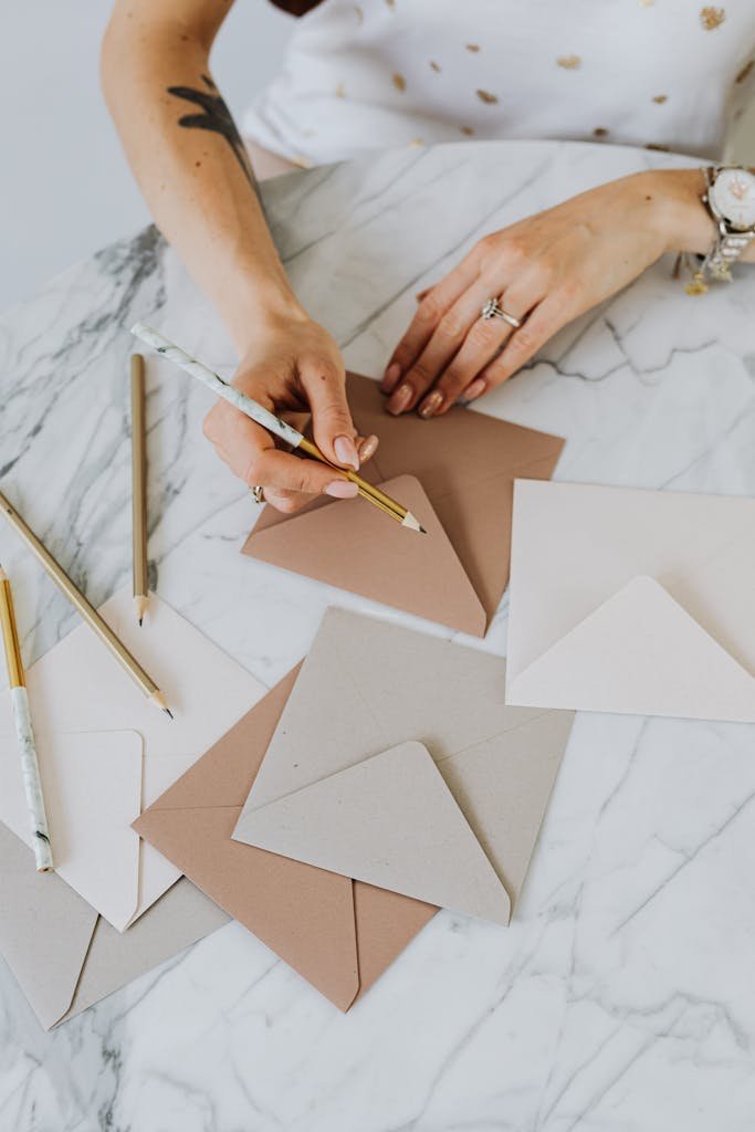 Person Holding a Pencil and Writing on an Envelope