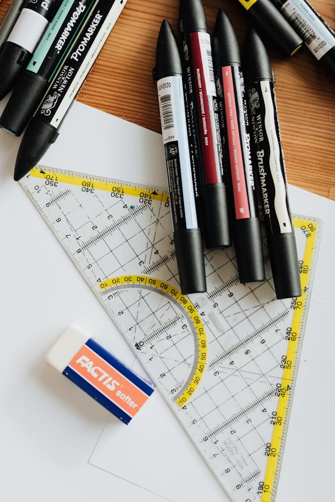 Top view of various markers and plastic drawing triangle with marked lines and numbers placed on blank paper near eraser on wooden table in office